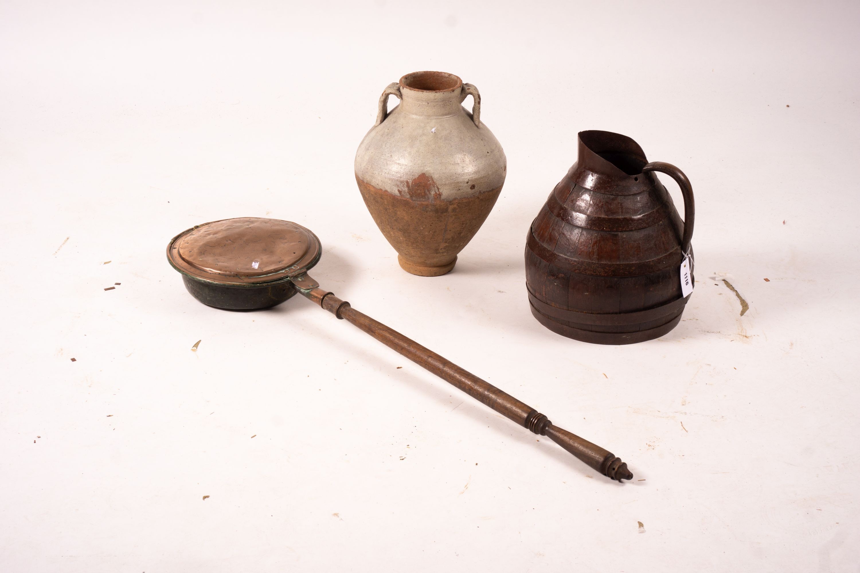 A Victorian iron bound staved oak jug, height 36cm, an amphora style pottery vase and a copper warming pan